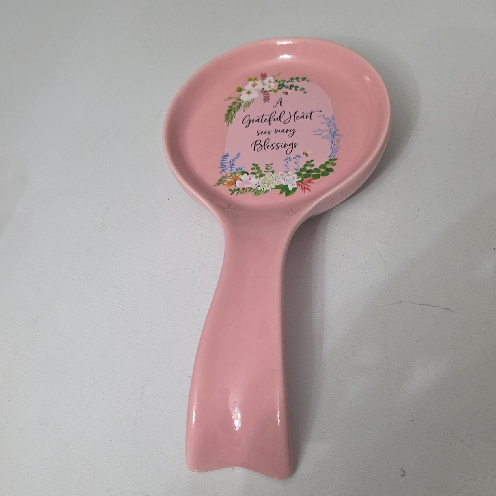 Fig & Fern Pink Floral Spoon Rest with Script Blessing, NWT